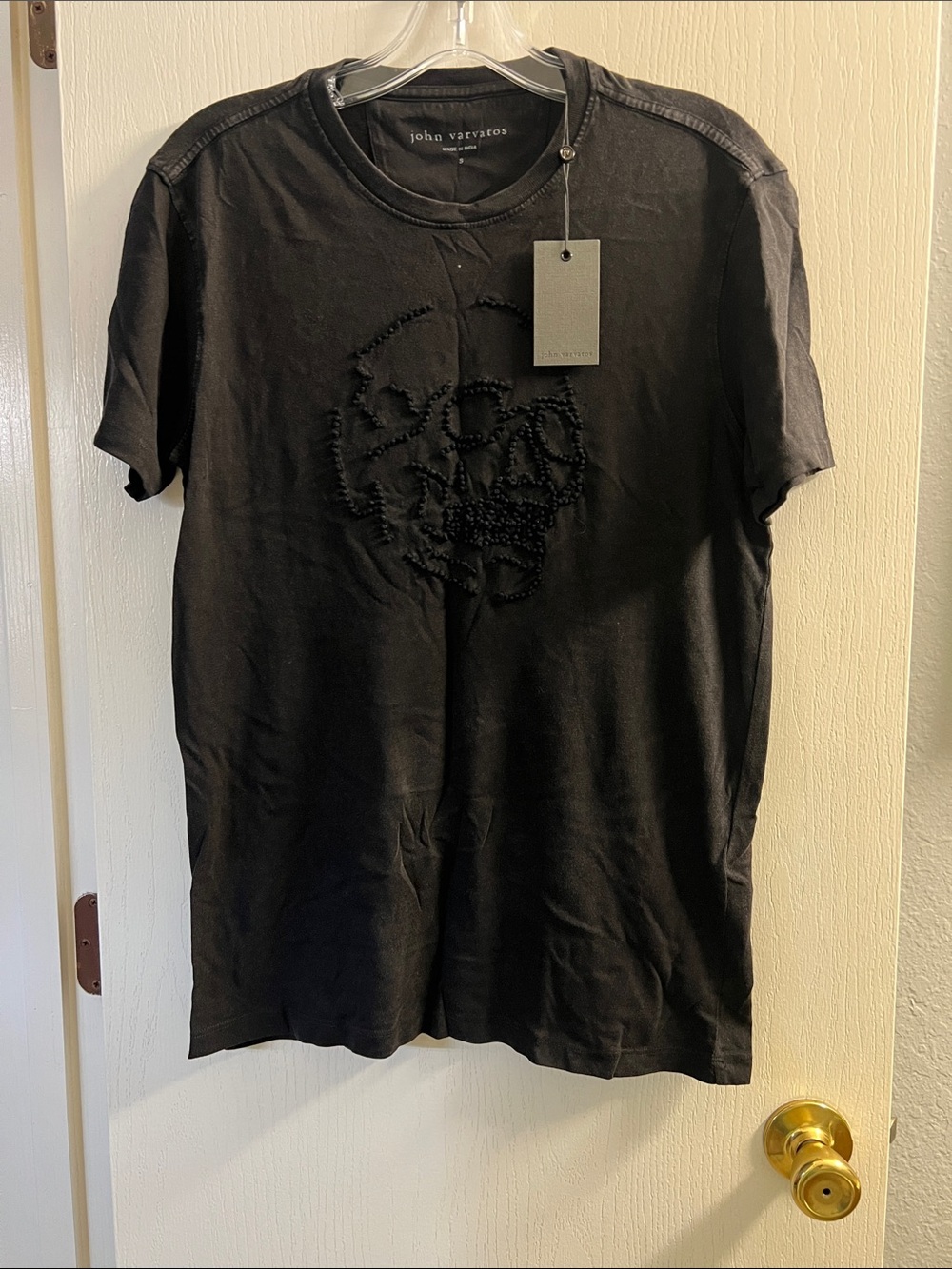 John Varvatos Black Short-Sleeve Tee with Textured Skull Motif